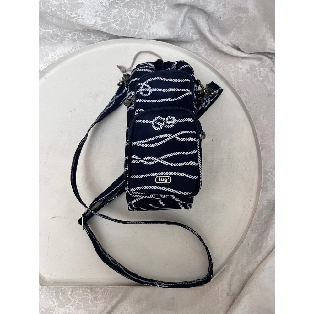 Lug Water Bottle Holder Crossbody Bag Navy Blue Nautical Rope Print Pockets